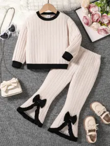 Ensemble de mode printemps-automne 2 pièces pour filles de 4 à 8 ans, comprenant un haut tricoté à col rond et un pantalon tricoté ample, idéal comme cadeau pour l'Aïd, Pâques, le carnaval, le festival du printemps ou les fêtes.