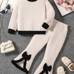 Ensemble de mode printemps-automne 2 pièces pour filles de 4 à 8 ans, comprenant un haut tricoté à col rond et un pantalon tricoté ample, idéal comme cadeau pour l'Aïd, Pâques, le carnaval, le festival du printemps ou les fêtes.