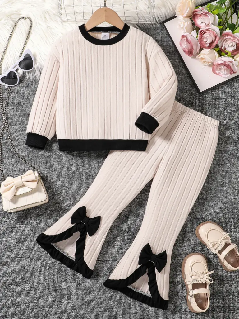 Ensemble de mode printemps-automne 2 pièces pour filles de 4 à 8 ans, comprenant un haut tricoté à col rond et un pantalon tricoté ample, idéal comme cadeau pour l'Aïd, Pâques, le carnaval, le festival du printemps ou les fêtes.
