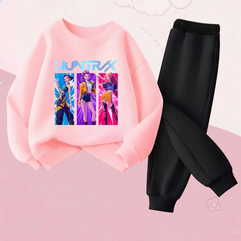 Ensemble de sweat-shirts à col rond pour filles, imprimé dessin animé KPOP, printemps-automne, sweat-shirt et pantalon de survêtement pour enfants, ensemble décontracté 2 pièces pour enfants