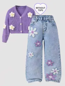 Jean en denim à imprimé floral pour filles, coupe décontractée tendance, taille ample, pantalon polyvalent pour enfants. Ceinture entièrement élastique