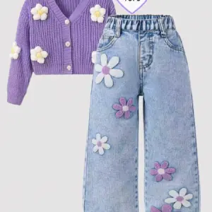 Jean en denim à imprimé floral pour filles, coupe décontractée tendance, taille ample, pantalon polyvalent pour enfants. Ceinture entièrement élastique