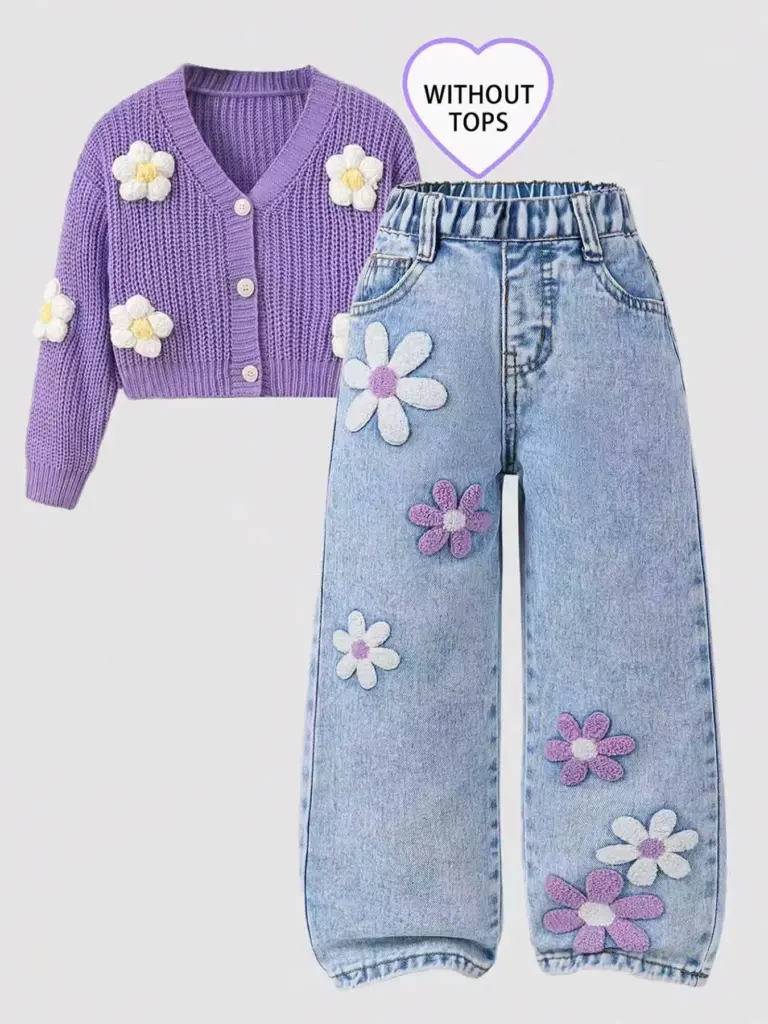 Jean en denim à imprimé floral pour filles, coupe décontractée tendance, taille ample, pantalon polyvalent pour enfants. Ceinture entièrement élastique