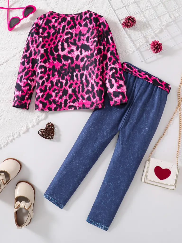 Ensemble de mode pour filles printemps-automne 2 pièces, imprimé léopard rose, tricot à col rond, imprimé dessin animé, manches longues + pantalon slim bleu foncé
