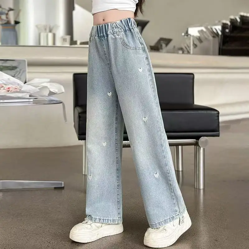 Été filles collège mode ample couleur unie petit amour jean pantalons décontractés pantalons à jambes larges 4-10 ans