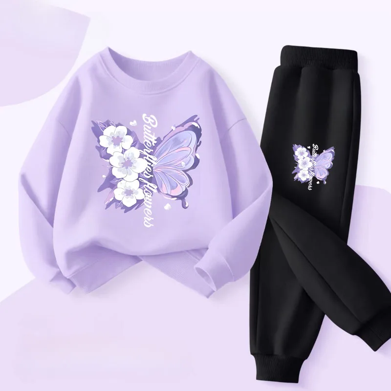 Printemps haut à manches longues pantalons longs deux pièces ensembles pour filles élégant papillon imprimé sweats à capuche costume tenues pour enfants survêtement