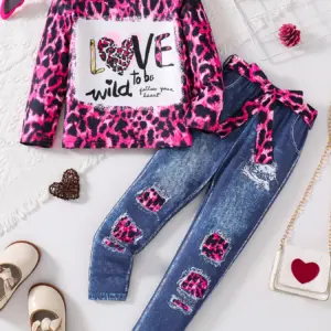 Ensemble de mode pour filles printemps-automne 2 pièces, imprimé léopard rose, tricot à col rond, imprimé dessin animé, manches longues + pantalon slim bleu foncé
