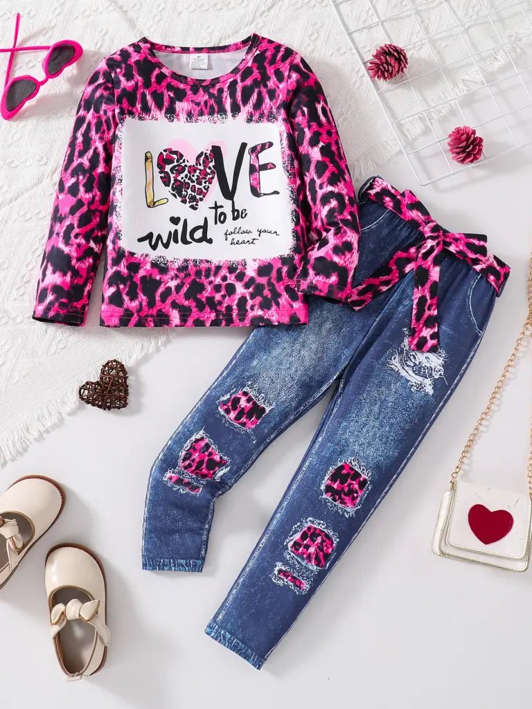 Ensemble de mode pour filles printemps-automne 2 pièces, imprimé léopard rose, tricot à col rond, imprimé dessin animé, manches longues + pantalon slim bleu foncé