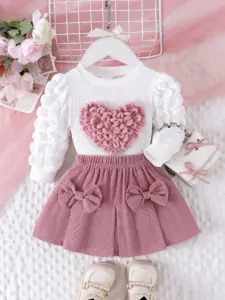 Ensemble haut et jupe courte pour filles de 1 à 3 ans, 2 pièces, nouveau Style d'automne, confortable et doux, manches à bulles, Badge d'amour