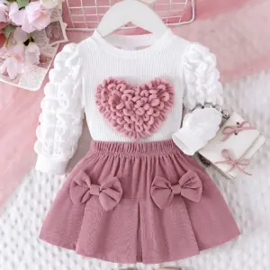 Ensemble haut et jupe courte pour filles de 1 à 3 ans, 2 pièces, nouveau Style d'automne, confortable et doux, manches à bulles, Badge d'amour