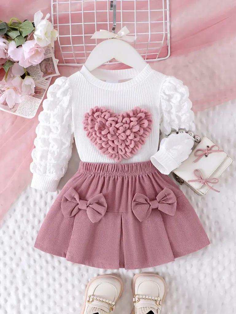 Ensemble haut et jupe courte pour filles de 1 à 3 ans, 2 pièces, nouveau Style d'automne, confortable et doux, manches à bulles, Badge d'amour