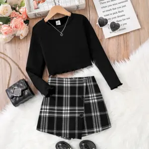 Ensemble 2 pièces pour filles, vêtements de sport, à la mode, tricoté, col rond, haut à manches longues + jupe asymétrique à carreaux, nouvelle collection printemps
