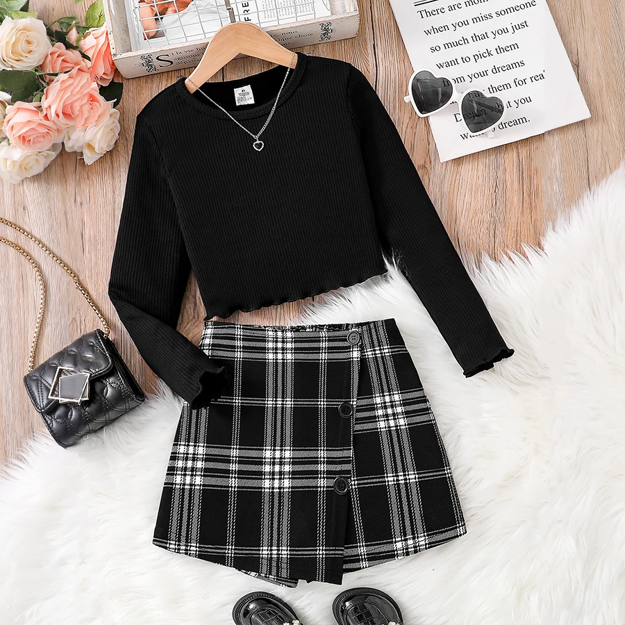 Ensemble 2 pièces pour filles, vêtements de sport, à la mode, tricoté, col rond, haut à manches longues + jupe asymétrique à carreaux, nouvelle collection printemps