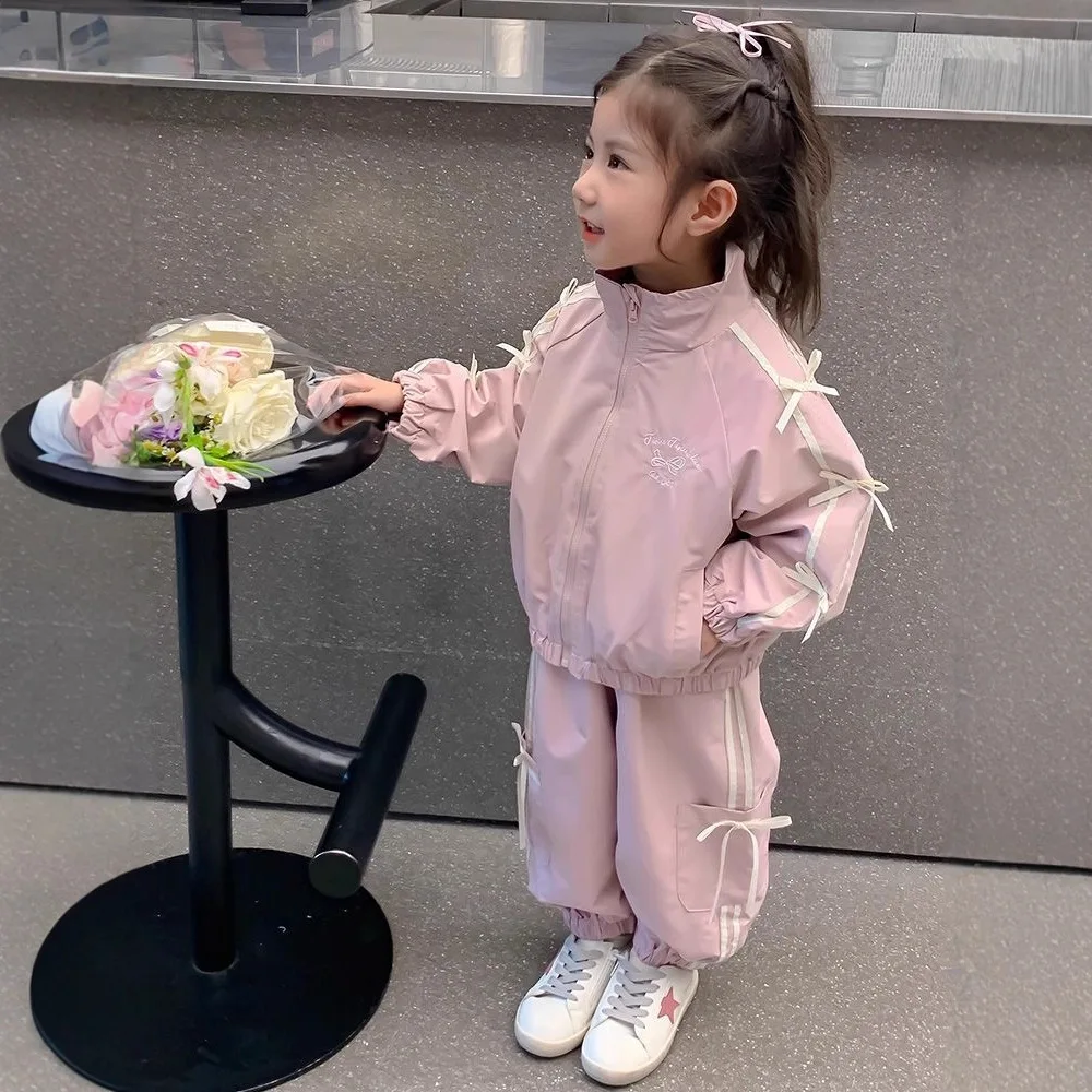 Ensembles de vêtements coupe-vent pour bébés filles, automne 2026, veste rose à nœud mignon + pantalon, 2 pièces, tenues de princesse pour tout-petits, survêtement pour enfants