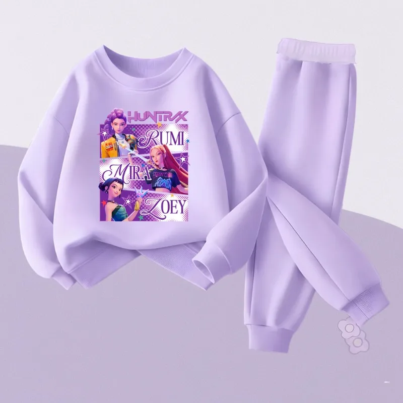Ensemble de sweat-shirts à col rond pour filles, imprimé dessin animé KPOP, printemps-automne, sweat-shirt et pantalon de survêtement pour enfants, ensemble décontracté 2 pièces pour enfants
