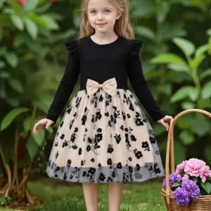 Printemps automne infantile enfant en bas âge filles col rond manches volantes épissure fleur imprimé Tulle tenue décontractée pour bébé filles