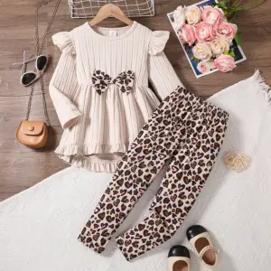 Printemps automne filles mignon mode vêtements de sport abricot tricoté à volants haut à manches longues + dessin animé imprimé complet taille élastique pantalons décontractés ensemble
