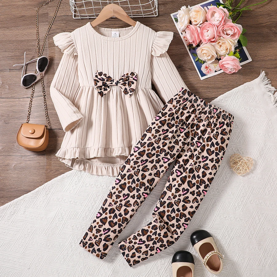 Printemps automne filles mignon mode vêtements de sport abricot tricoté à volants haut à manches longues + dessin animé imprimé complet taille élastique pantalons décontractés ensemble
