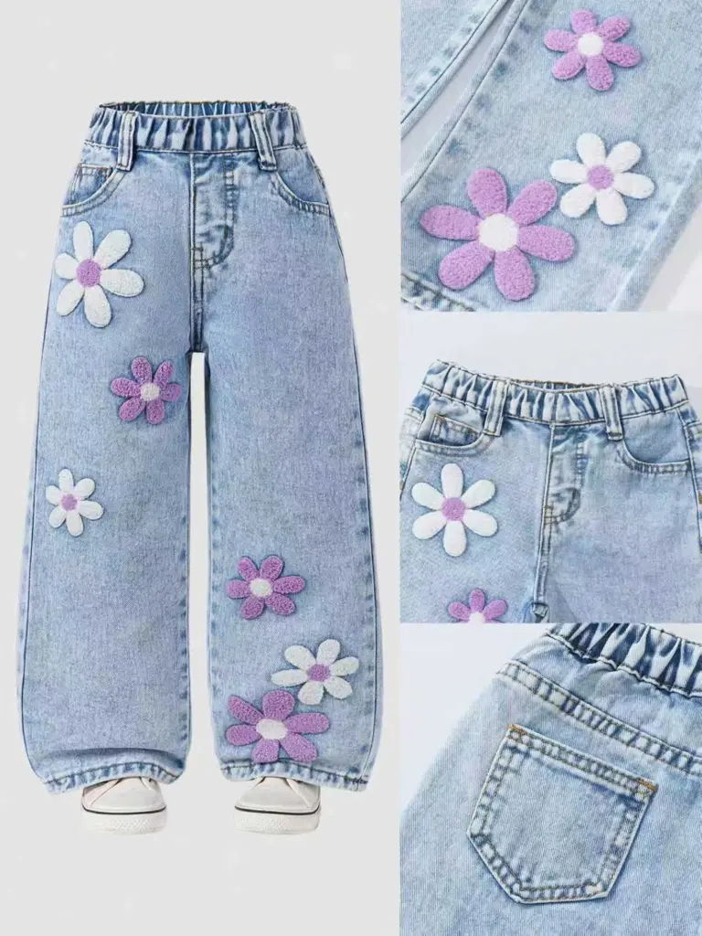 Jean en denim à imprimé floral pour filles, coupe décontractée tendance, taille ample, pantalon polyvalent pour enfants. Ceinture entièrement élastique