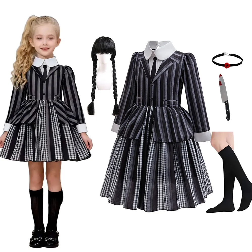 Costume pour enfants imprimé à rayures et à carreaux, deux en un, uniforme scolaire, costume d'Halloween pour étudiante gothique, 3-10 ans