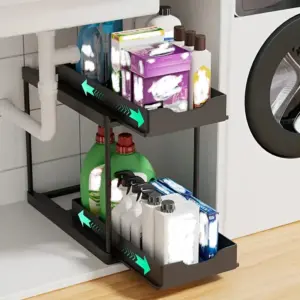 Étagère de rangement de cuisine à double couche, coulissante, antidérapante et stable, boîte de rangement multifonctionnelle avec cinq crochets, support pour brosses sous l'évier, étagère de rangement à double couche, adaptée au rangement sous l'évier de la cuisine et de la salle de bain