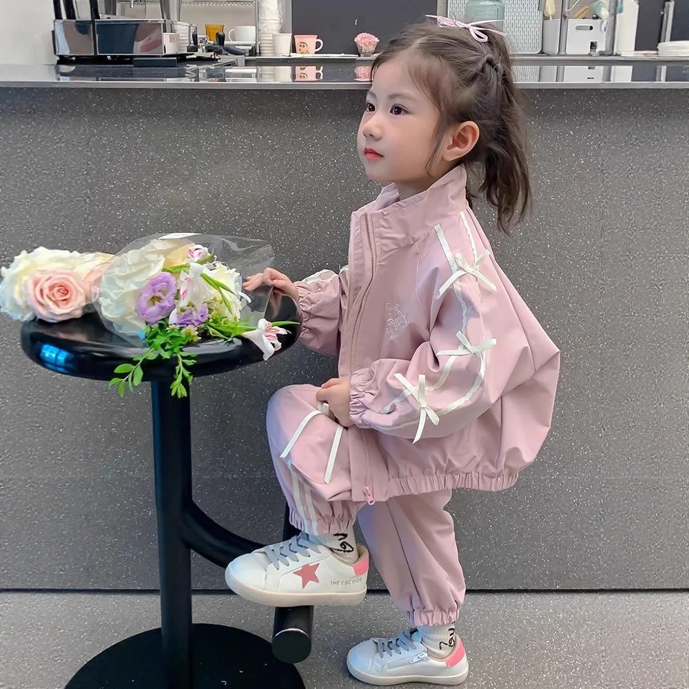 Ensembles de vêtements coupe-vent pour bébés filles, automne 2026, veste rose à nœud mignon + pantalon, 2 pièces, tenues de princesse pour tout-petits, survêtement pour enfants
