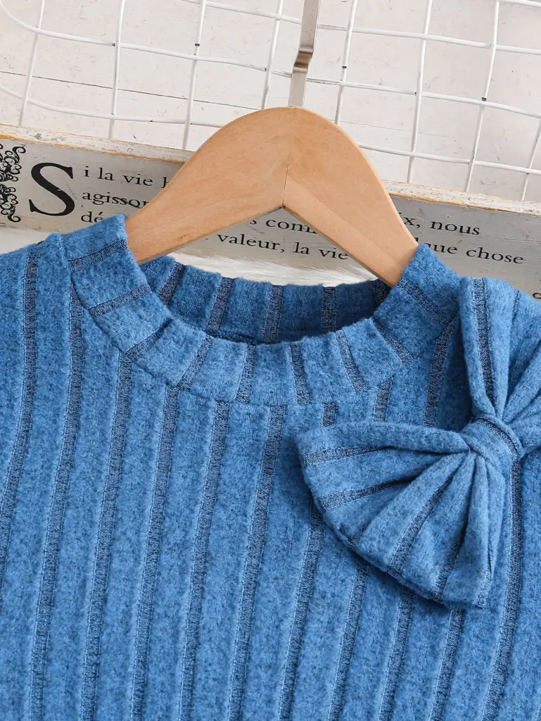 Robe en tricot décontractée pour filles de 8 à 12 ans, style printemps-automne, avec col rond, design côtelé, couleur unie et motifs imprimés doubles, idéale comme cadeau pour l'Aïd, Pâques, le carnaval, le Nouvel An chinois et autres fêtes.