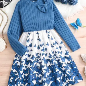 Robe en tricot décontractée pour filles de 8 à 12 ans, style printemps-automne, avec col rond, design côtelé, couleur unie et motifs imprimés doubles, idéale comme cadeau pour l'Aïd, Pâques, le carnaval, le Nouvel An chinois et autres fêtes.