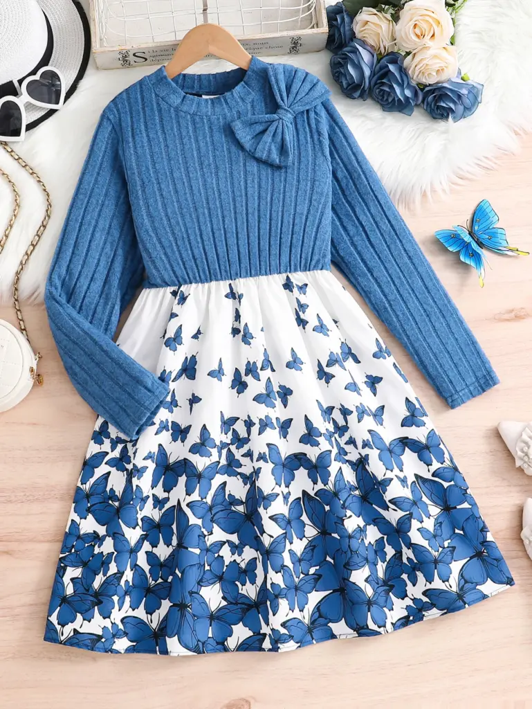 Robe en tricot décontractée pour filles de 8 à 12 ans, style printemps-automne, avec col rond, design côtelé, couleur unie et motifs imprimés doubles, idéale comme cadeau pour l'Aïd, Pâques, le carnaval, le Nouvel An chinois et autres fêtes.