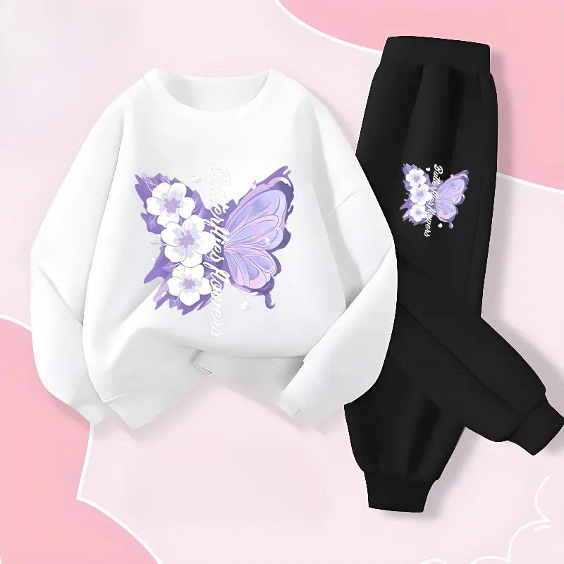 Printemps haut à manches longues pantalons longs deux pièces ensembles pour filles élégant papillon imprimé sweats à capuche costume tenues pour enfants survêtement