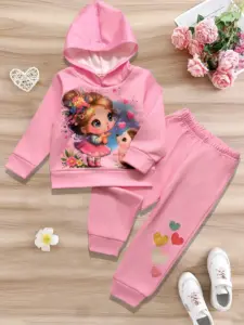 Ensemble de vêtements en polaire pour filles d'automne, 2 pièces, sweat-shirt à capuche mignon et pantalon à imprimé cœur, tenue décontractée pour 1-6 ans