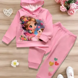 Ensemble de vêtements en polaire pour filles d'automne, 2 pièces, sweat-shirt à capuche mignon et pantalon à imprimé cœur, tenue décontractée pour 1-6 ans