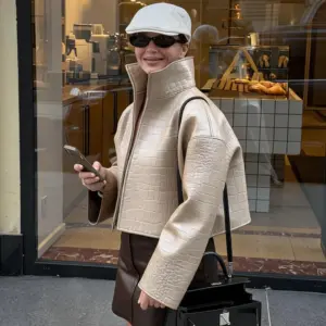 Veste décontractée en cuir PU pour femme, chic, unie, à manches longues, col montant, vêtement d'extérieur pour femme, automne-hiver 2026, vestes courtes pour femme.
