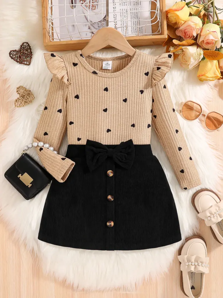 Ensemble 2 pièces pour filles au printemps et en automne : Ensemble robe élégant et tendance pour jeunes filles, comprenant un haut à manches longues à col rond, dentelle côtelée, manches bouffantes, imprimé cœurs et pois + jupe noire avec nœud et décoration boutonnée. Tenue pour filles pour les sorties, les fêtes, les vacances et un style automnal féminin. Vêtements décontractés pour enfants, confortables, simples, polyvalents et doux, pour le printemps. Convient comme cadeau pour l'Aïd, Pâques, le Carnaval et le Nouvel An chinois