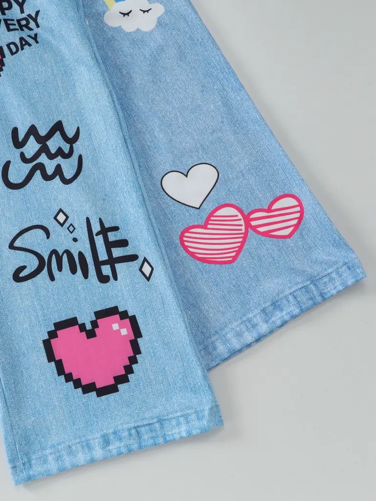 2 pantalons à jambes larges aspect denim bleu clair pour filles, 4-7 ans, imprimé graffiti de dessins animés, tenue quotidienne/école douce, tissu respirant