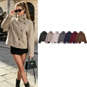 Manteau en Laine Décontracté pour Femme, Style Vintage, Col Montant, Boutonné, Manches Longues, Rétro, avec Poches