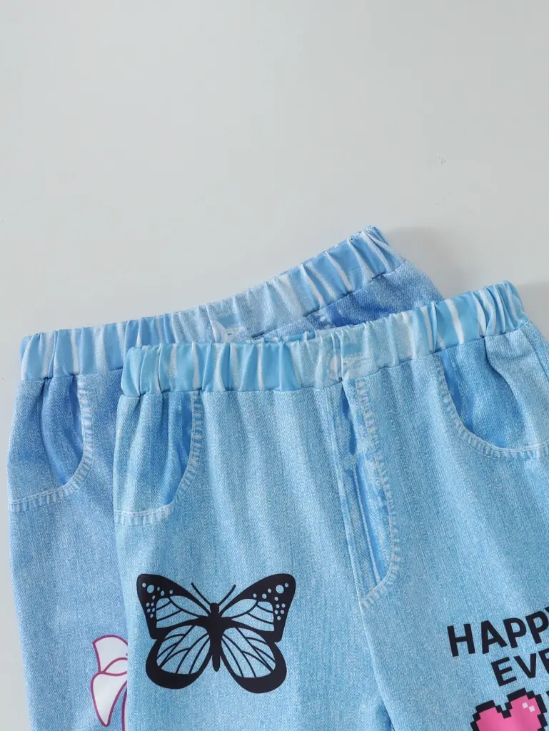 2 pantalons à jambes larges aspect denim bleu clair pour filles, 4-7 ans, imprimé graffiti de dessins animés, tenue quotidienne/école douce, tissu respirant