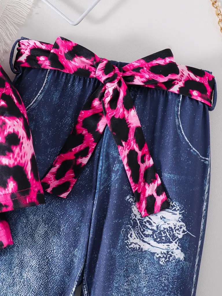 Ensemble de mode pour filles printemps-automne 2 pièces, imprimé léopard rose, tricot à col rond, imprimé dessin animé, manches longues + pantalon slim bleu foncé