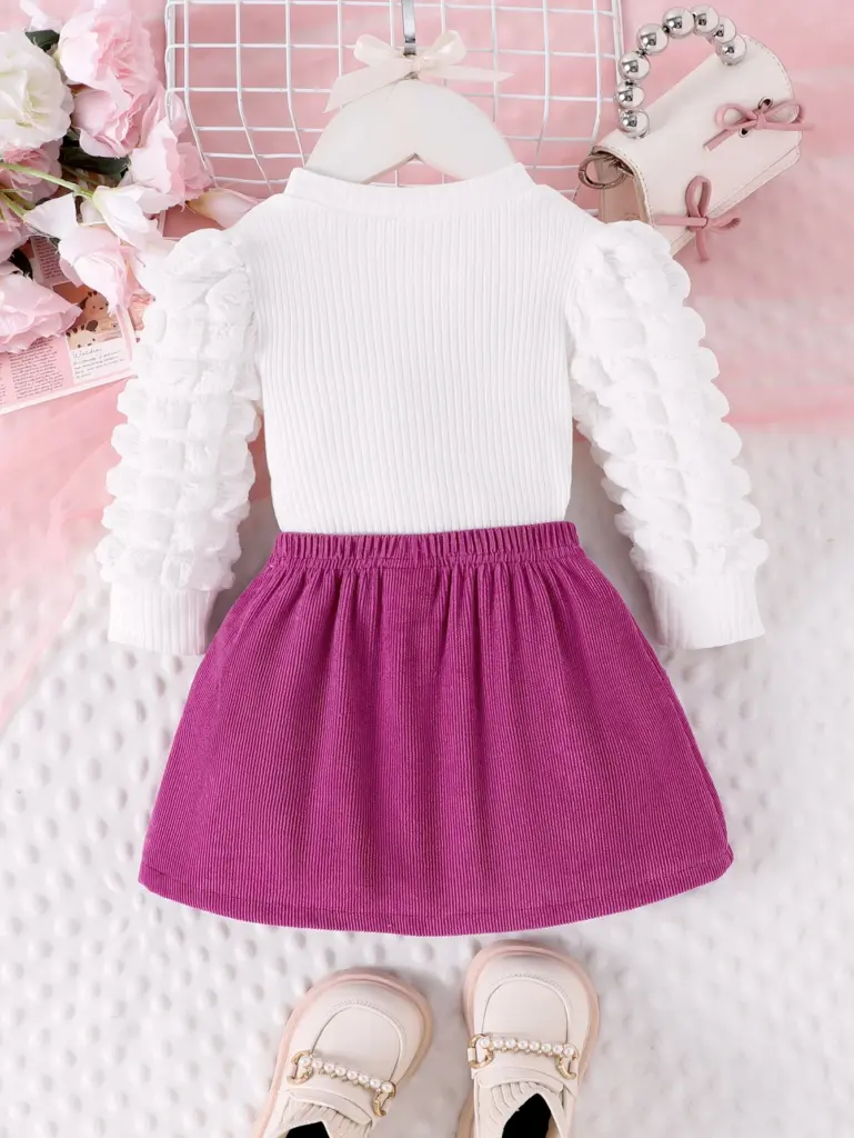 Ensemble haut et jupe courte pour filles de 1 à 3 ans, 2 pièces, nouveau Style d'automne, confortable et doux, manches à bulles, Badge d'amour