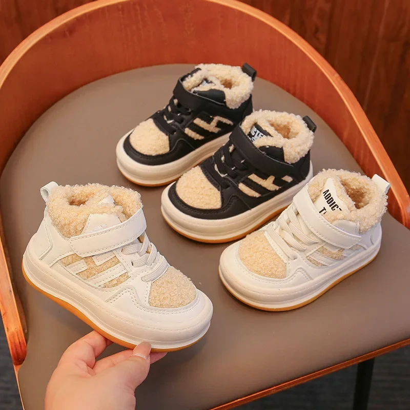 Bottes de neige chaudes en peluche pour enfants, chaussons de rinçage, baskets d'extérieur, chaussures de sport de course, garçons, filles, bébé, enfants, mode, hiver