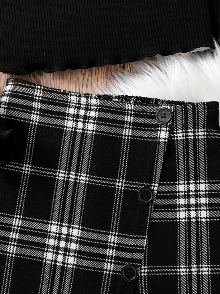 Ensemble 2 pièces pour filles, vêtements de sport, à la mode, tricoté, col rond, haut à manches longues + jupe asymétrique à carreaux, nouvelle collection printemps