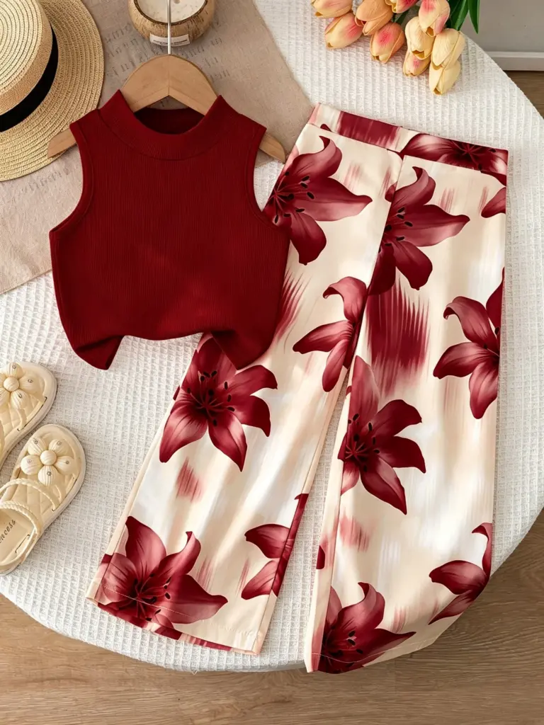 Ensemble deux pièces orange pour filles, style vacances : un crop top uni côtelé sans manches à col montant et une jupe fluide à imprimé lys.