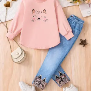 Pantalon slim imitation denim pour filles, col rond, manches longues, micro-élastique, rose, dessin animé, mode printemps et automne, mignon, ensemble 2 pièces, CL
