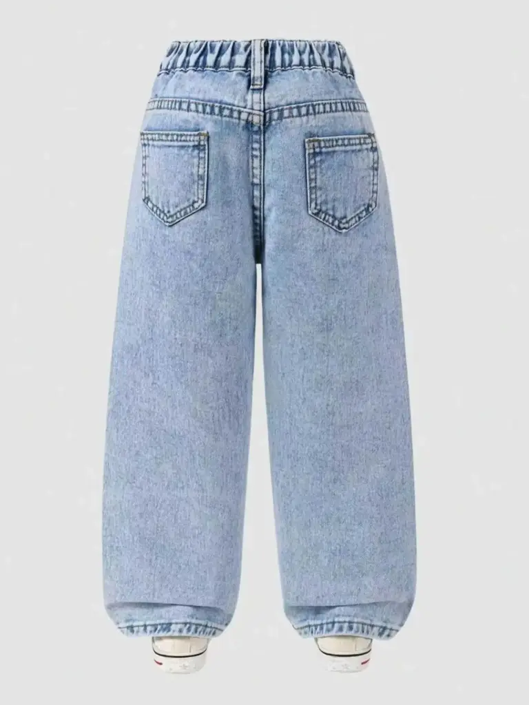 Jean en denim à imprimé floral pour filles, coupe décontractée tendance, taille ample, pantalon polyvalent pour enfants. Ceinture entièrement élastique