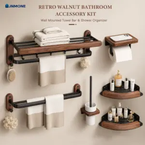 Ensemble d'accessoires de salle de bain en bois de noyer, porte-serviettes mural, étagère, porte-papier toilette, kit de quincaillerie de salle de bain, organisateur de douche Moderne De Luxe En Bois Massif De Bain Ser