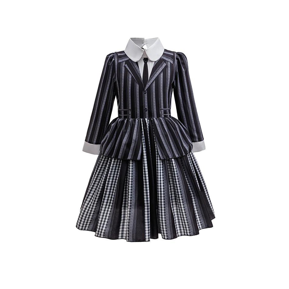 Costume pour enfants imprimé à rayures et à carreaux, deux en un, uniforme scolaire, costume d'Halloween pour étudiante gothique, 3-10 ans